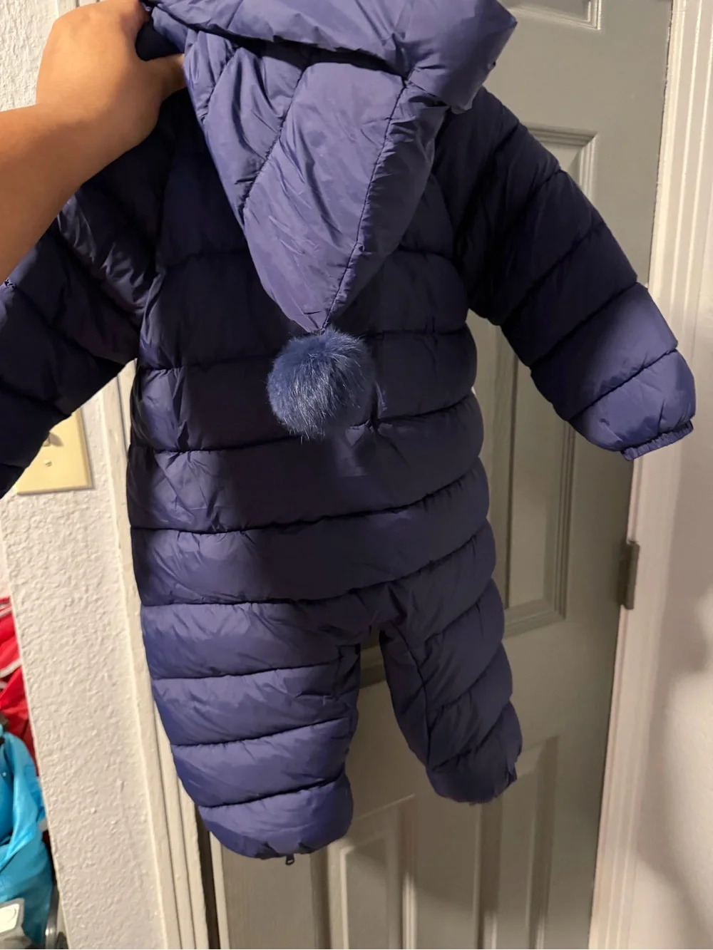 Navy baby/toddler Puffer jumpsuit with Pom Hood